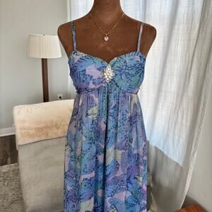 Vintage 2000s Cathaya Chiffon Butterfly Print Spaghetti Strap Flowy Dress Size M